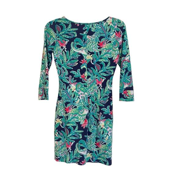 Lilly Pulitzer Marlowe T-shirt Dress Size XS Blue Green Floral 3/4 Sleeve Cotton - Picture 2 of 4